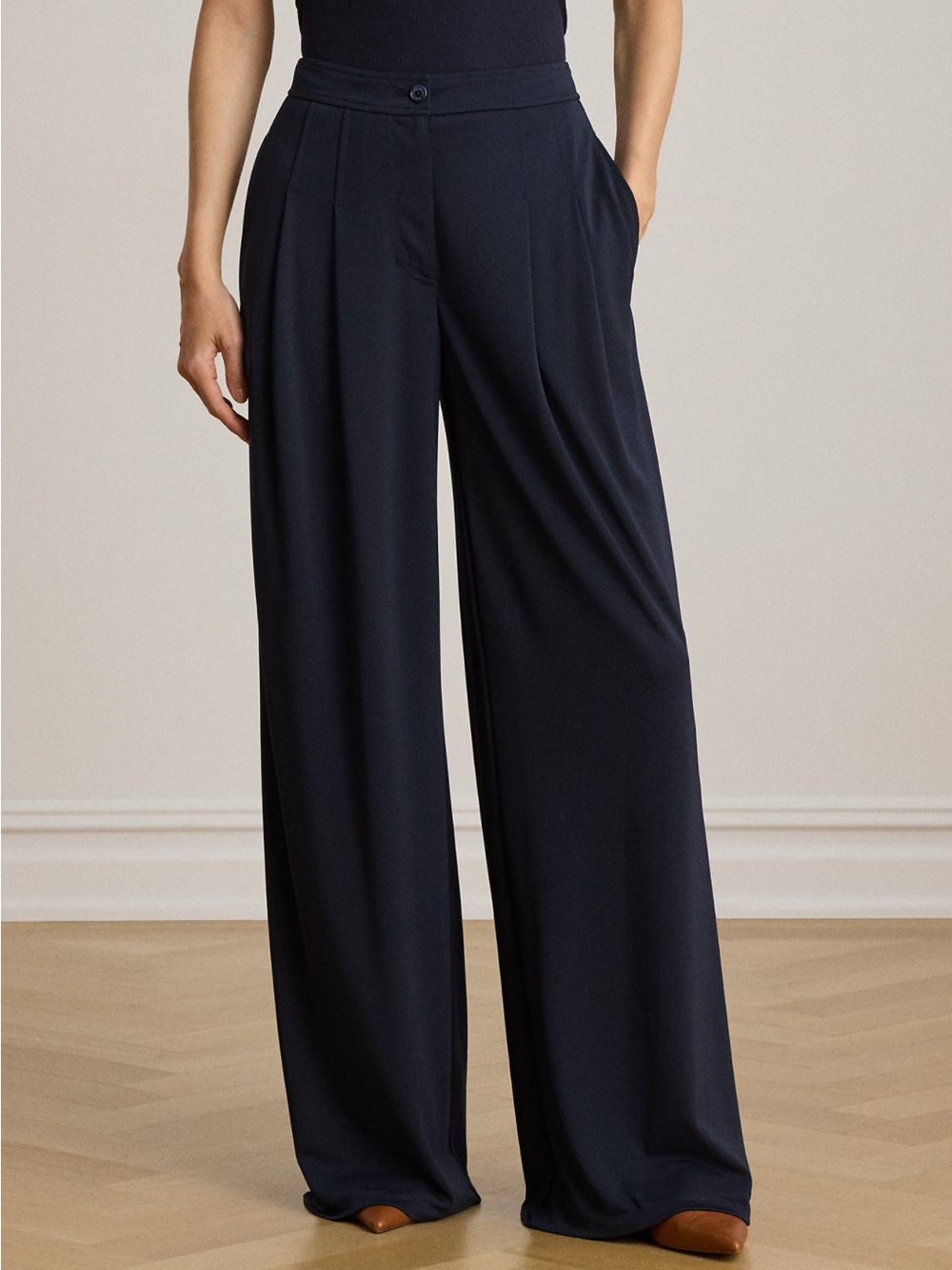 Polo Ralph Lauren Pleated Stretch Jersey Wide Leg Pant- Black - Picture 2 of 7